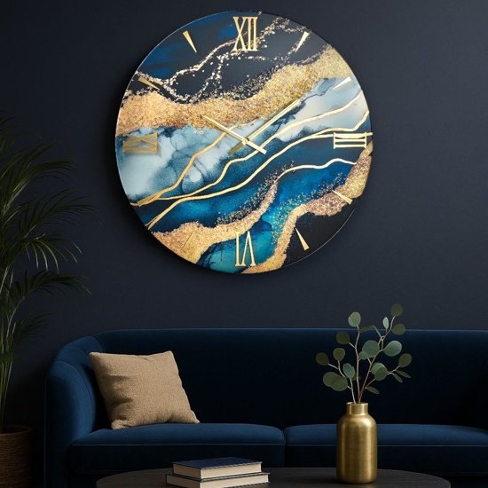 Grande orologio da parete 80cm mediterraneo blu oro rotondo